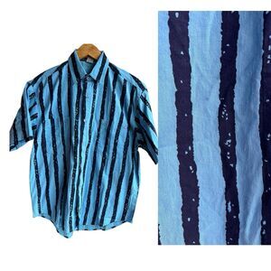 Button Down Shirt Men Blue / Black Vintage 90s Short Sleeve Fashion Shirts SMALL